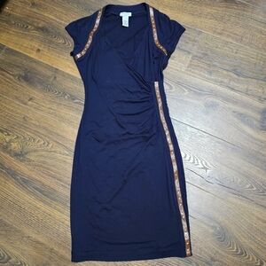 Carmen Marc Valvo Navy Dress Faux Leather Trim Studs Women's Size Medium Stretch